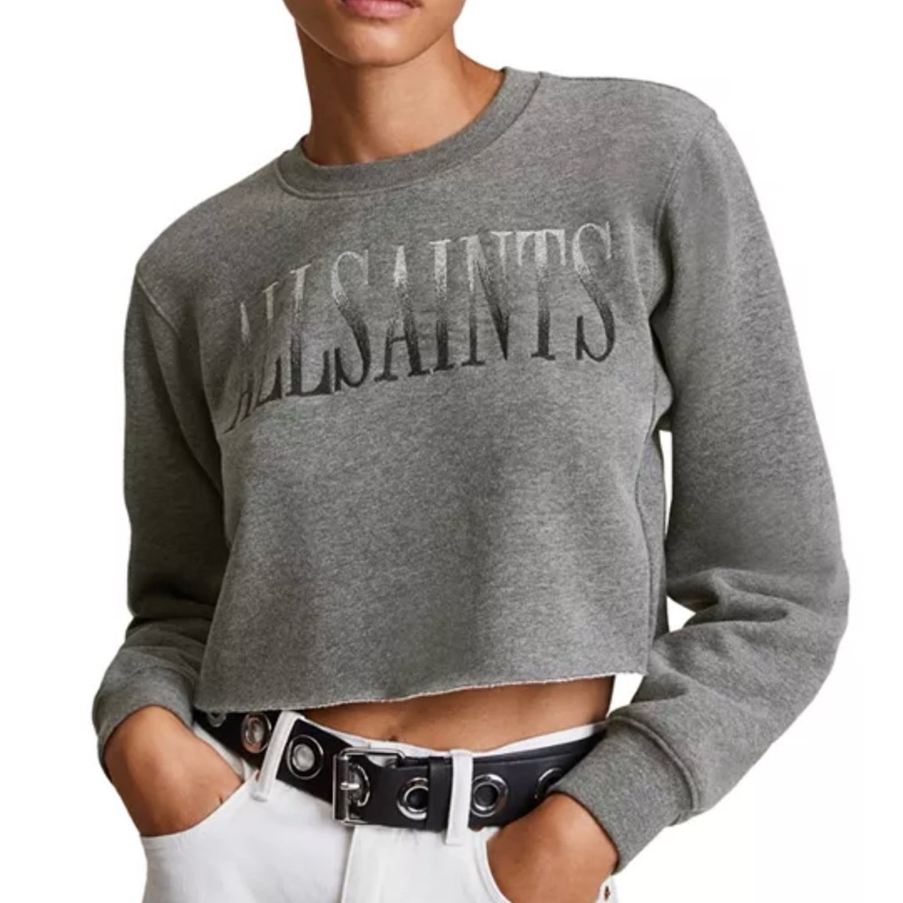 All‎ Saints Charcoal Cropped Crew Nevarre Cropped Metallic Logo Sweatshirt S